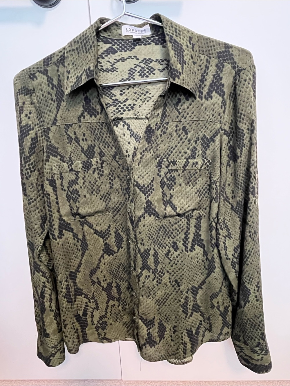 Express Olive & Black Snake Print Button-Down Blouse